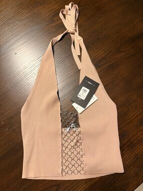 Fashion Nova Blush Pink Halter Crop Top with Chain Accent